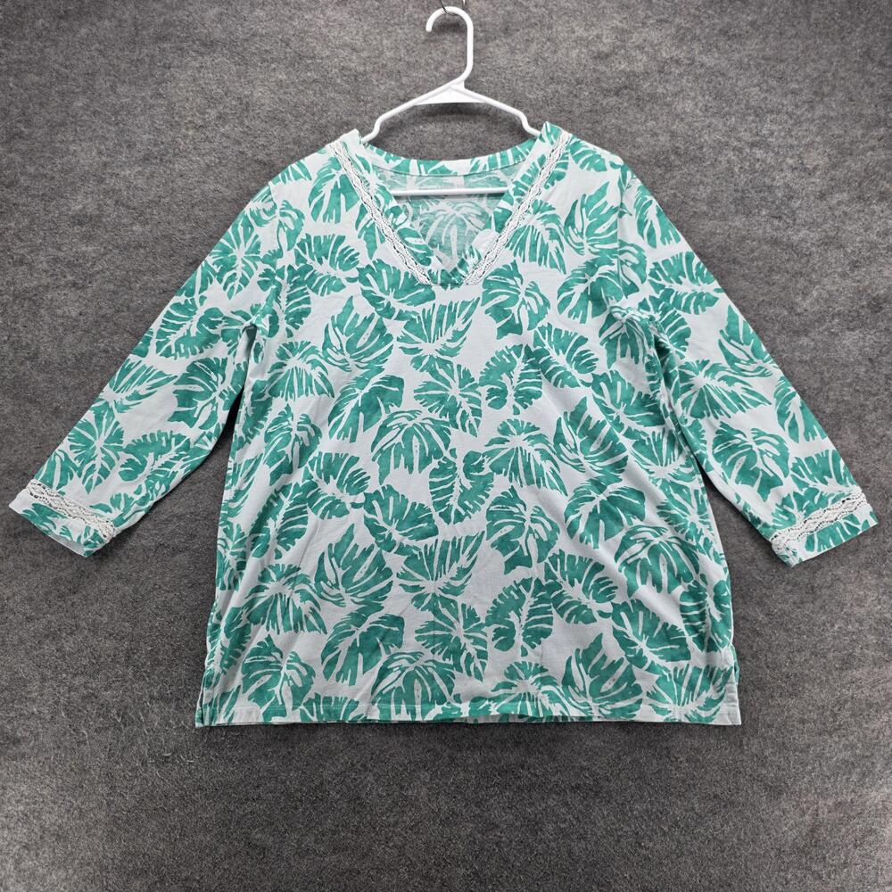 Lands' End Shirt Womens Large Green White Leaf Print 3/4 Sleeve Cotton Pullover
